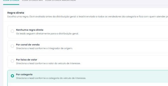 Regras de distribuição: nenhuma, por canal, por faixa de valor ou por categoria