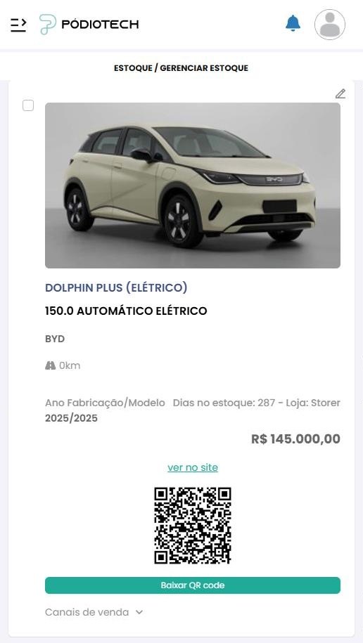 Card do veículo com foto, preço, dias em estoque e QR code