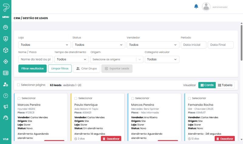 Gestão de leads com filtros por loja, status, vendedor, origem e categoria