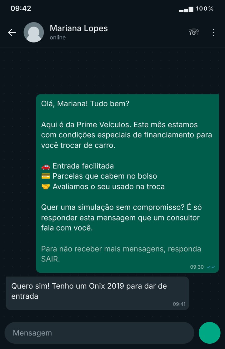 Mensagem de campanha de financiamento no WhatsApp com resposta do cliente