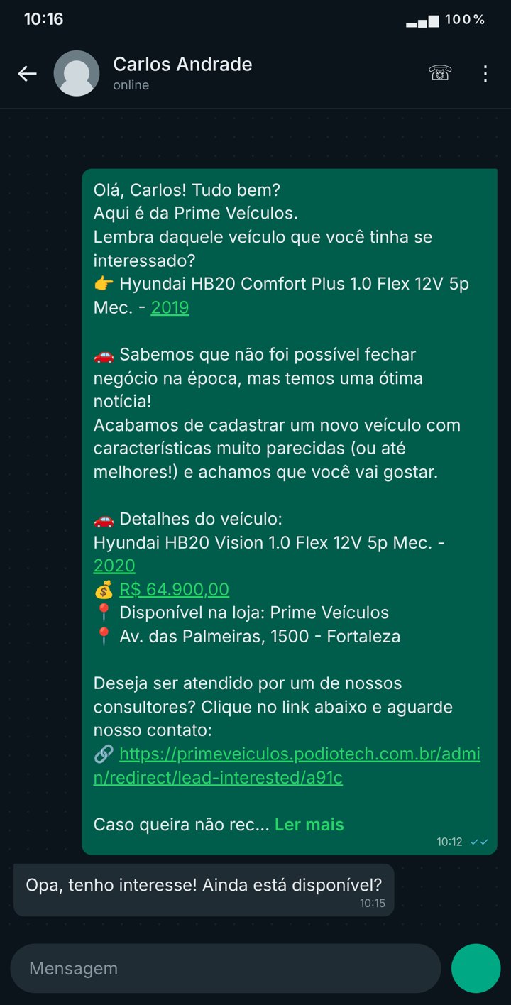 Mensagem de remarketing no WhatsApp oferecendo um veículo parecido ao cliente