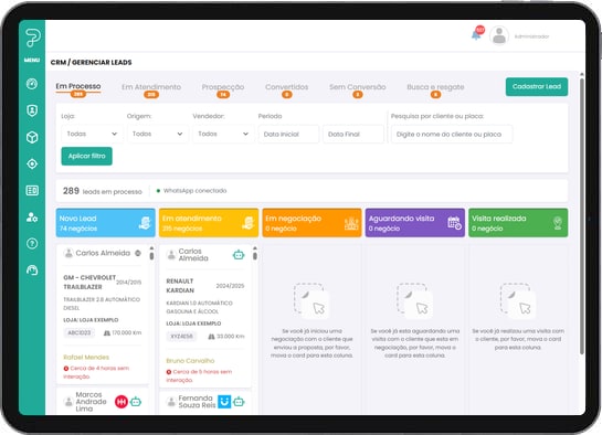 Tela de gestão de leads Pódiotech com envio de campanhas por WhatsApp e histórico de contatos